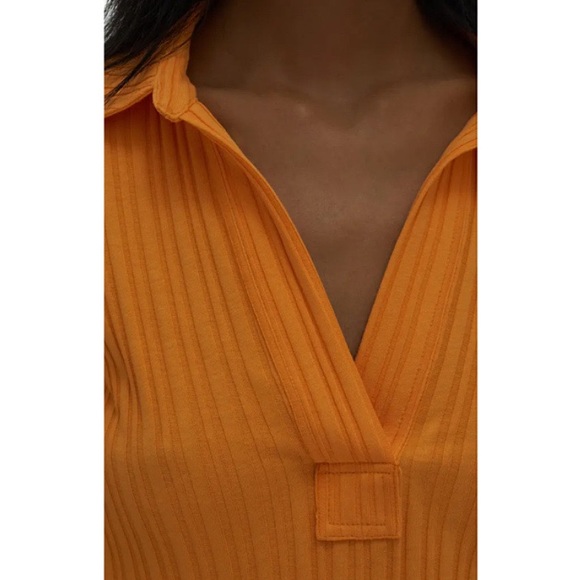 Helmet Lang Textured Stripe Crop Apricot Cotton Polo Shirt - Picture 4 of 13